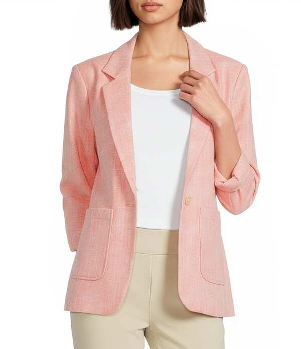 インベストメンツ レディース アウター コート プチ ギャザー ブレザー Investments Petite Size 3/4 Ruched Sleeve Notch Lapelined Button Front Blazer Peach/White Scratch ホワイト