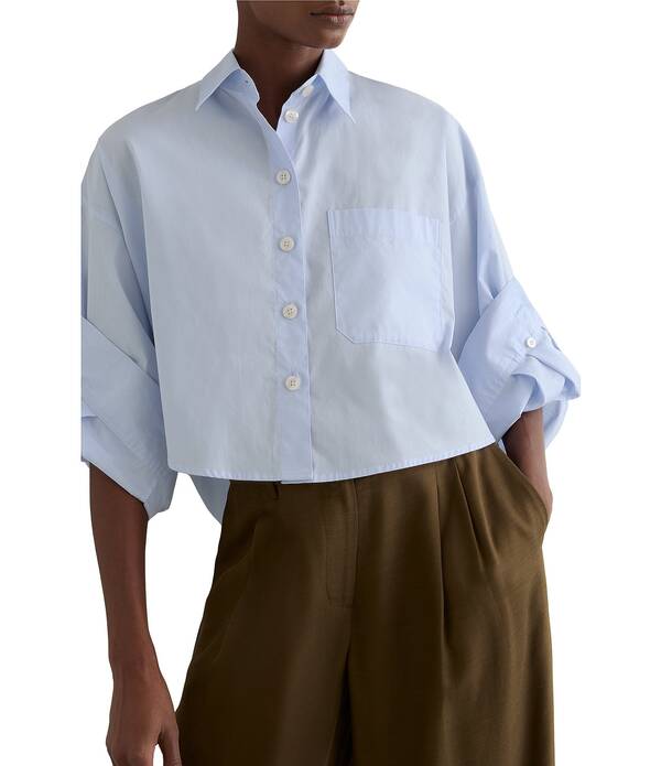 レイス レディース トップス シャツ コットン クロップド Reissolenge Woven Cotton Long Button Cuff Sleeves Cropped Button Front Shirt Blue ブルー|ReVida 店