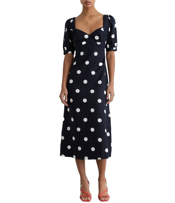 レイス レディース トップス ワンピース ドット柄 カットアウト ドット ミディ リネン Reiss Astrid Linen Polka Dot Sweetheart Neck Short Sleeve Cutout Back Sheath Midi Dress Navy/Ivory アイボリー