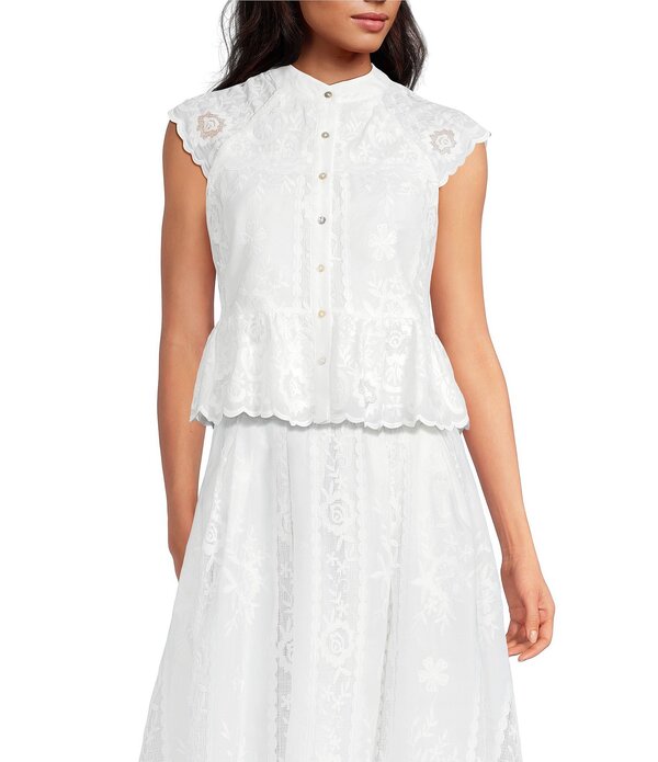 エーラブズエー レディース トップス シャツ フリル裾 フラワー柄 フリル ノースリーブ レース フラワー A Loves A Floralace Mandarin Collar Sleeveless Button Front Ruffle Hem Top White ホワイト｜ReVida 店