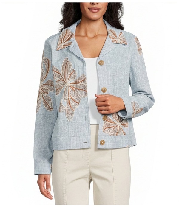 イントロ レディース アウター コート フラワー柄 プチ フラワー ジャケット Intro Petite Size Floral Embroidery Point Collar Long Sleeve Button Front Jacket Chambray Blue ブルー
