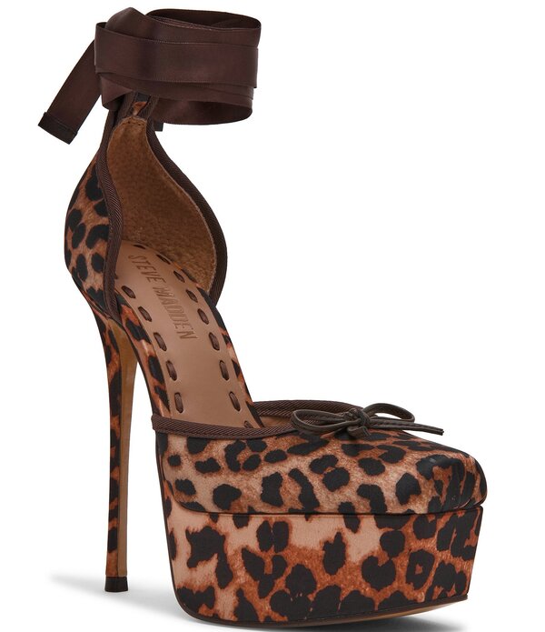 スティーブ マデン レディース シューズ 踵 プラットホーム 繻子 アンクル Steve Madden Listen Leopard Satin Ballet Ankle Wraplatform Pumps Leopard 毛の荒物