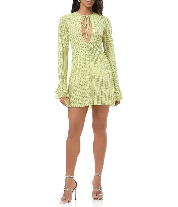 エーエフアールエム レディース トップス 衣装 刷り上げる ミニ AFRM Kori Dotted Print Keyhole Neck Line Long Sleeve Mini Dress Citrus Pin Dot ワンピース-レディースファッション