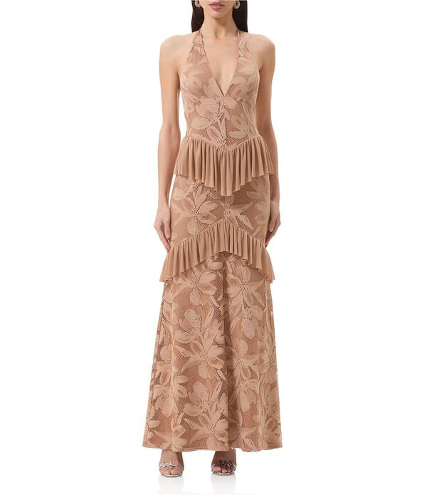 エーエフアールエム レディース トップス ワンピース フラワー柄 ノースリーブ レース マキシ フラワー ホルター AFRM Athens Crochet Floralace Halter Neck Sleeveless Maxi Dress Almond｜ReVida 店