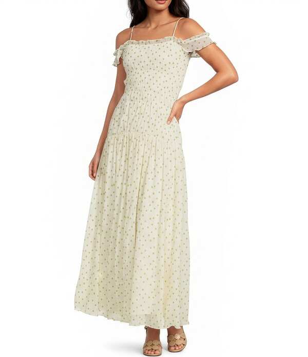 ラインアンドドット レディース トップス ワンピース マキシ Line andot Lilou Polka Dot Off The Shoulder Shirred Maxi Dress Creamulti クリーム｜ReVida 店