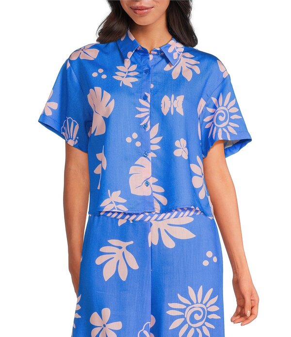スカイズアブルー レディース トップス シャツ プリント クロップド Skies Are Blue Leaf Print Point Collar Short Sleeve Cropped Button Front Coordinating Shirt Blue/Pink ブルー|ReVida 店