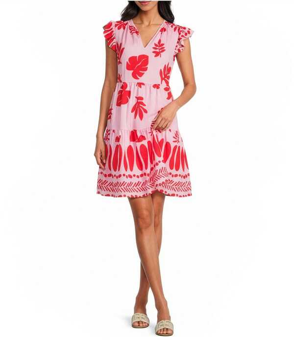 スカイズアブルー レディース トップス ワンピース Vネック A ライン プリント フリル ミニ Skies Are Blue Leaf Print V-Neck Ruffle Sleeve A-Line Mini Dress Pink/Red レッド