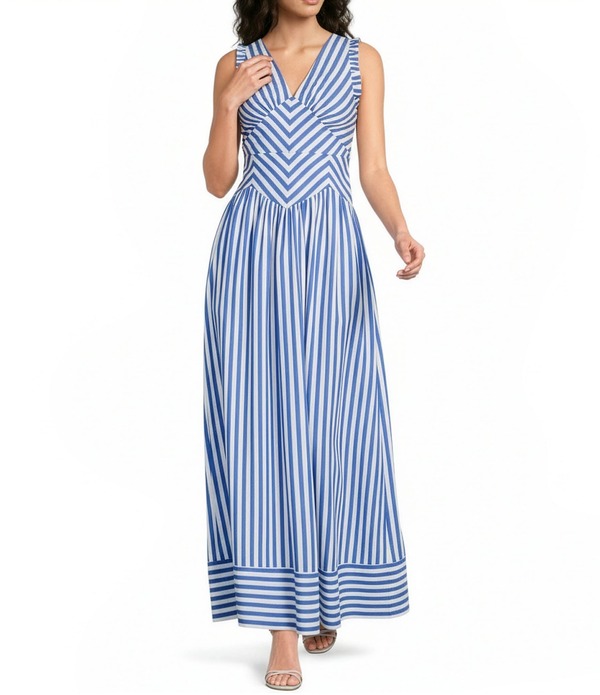 スカイズアブルー レディース トップス ワンピース Vネック A ライン プリント ノースリーブ マキシ Skies Are Blue Stripe Print V-Neck Sleeveless A-Line Maxi Dressurf Blue ブルー