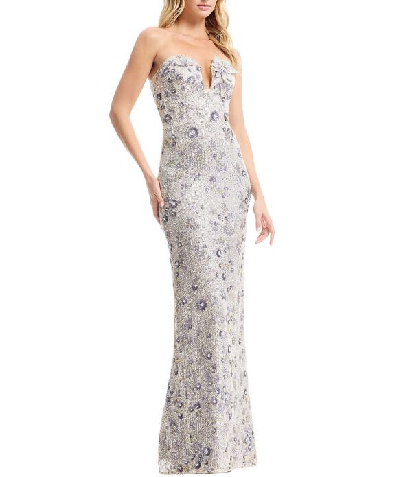 ドレスザポプレーション レディース トップス ワンピーストラップレス Dress the Population Teresa Strapless Bustier Sheath Gown With 3D Flowers Long Dressilver Multi シルバー