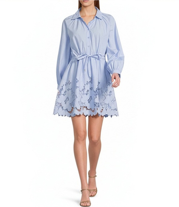 エン セゾン レディース トップス ワンピース A ライン ミニ 刺繍 En Saison Lucy Embroidered Collar Neck Long Sleeve Belted A-Line Mini Dress Light Blue ブルー｜ReVida 店