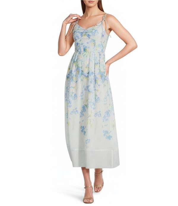 エン セゾン レディース トップス ワンピース Vネック A ライン フラワー柄 プリント ミディ ノースリーブ フラワー En Saison Vivian Floral Printed V-Neck Sleeveless A-Line Midi Dress Ivory Blue Yellow アイボリー|ReVida 店