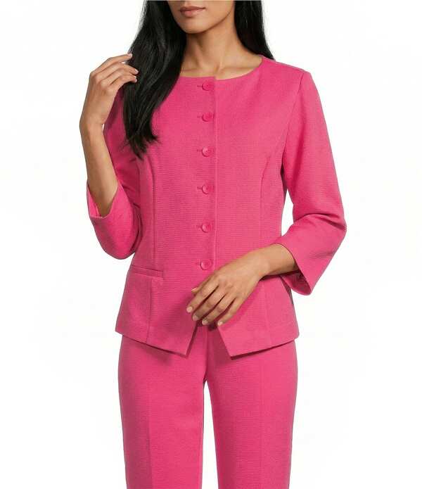 インベストメンツ レディース アウター コート プチ ジャケット Investments Petite Size Boat Neck Button Front 3/4 Sleeve Pique Jacket Magenta マゼンタ