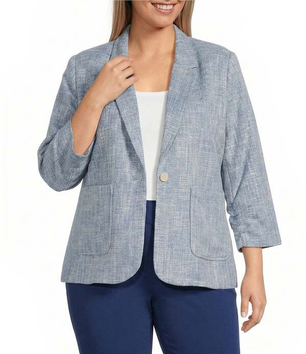 インベストメンツ レディース アウター コート プラスサイズ ギャザー ブレザー Investments Plusize Scratch Pattern 3/4 Ruched Sleeve Notch Lapelined Button Front Blazer Blue/White Scratch ホワイト