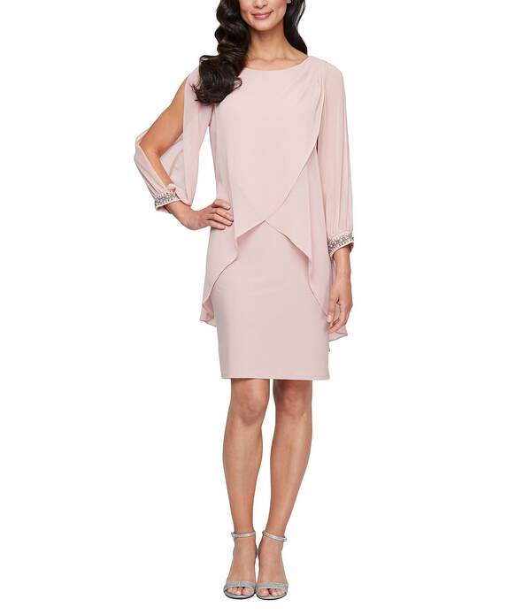 イグナイト レディース トップス ワンピース プチ オーバーレイ Ignitevenings Petite Size Scoop Neck Illusion Bubble Sleeve with Beaded Cuff and Tulip Overlay Sheath Dress Faded Rose|ReVida 店
