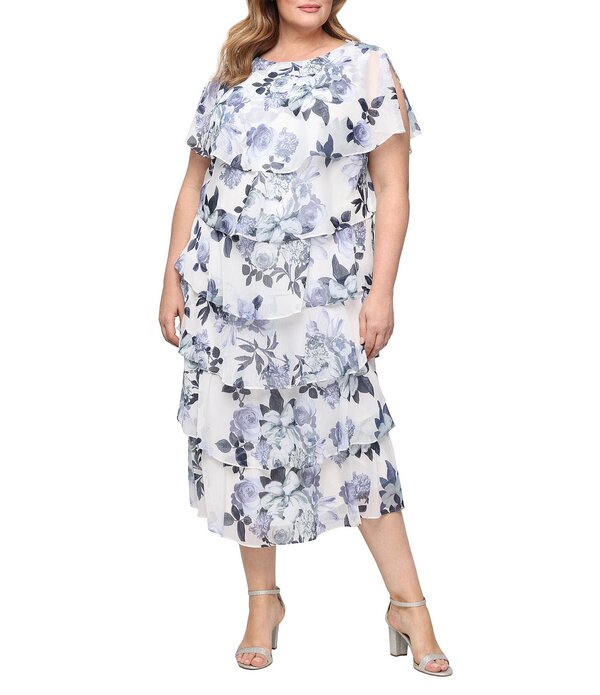 イグナイト レディース トップス ワンピース ティアード フラワー柄 プラスサイズ プリント ミディ フラワー Ignitevenings Plusize Short Sleeve Tiered Floral Print Midi Dress Ivory/Blue アイボリー