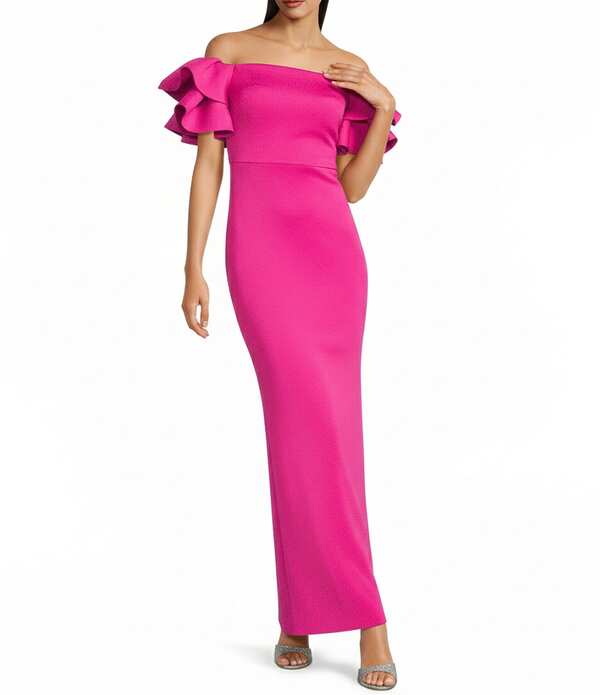 エリザジェイ レディース トップス ワンピース プチ フリル スキューバ Eliza J Petite Size 3D Scuba Off The Shoulderuffle Sleeve Mermaid Gown Lipstick