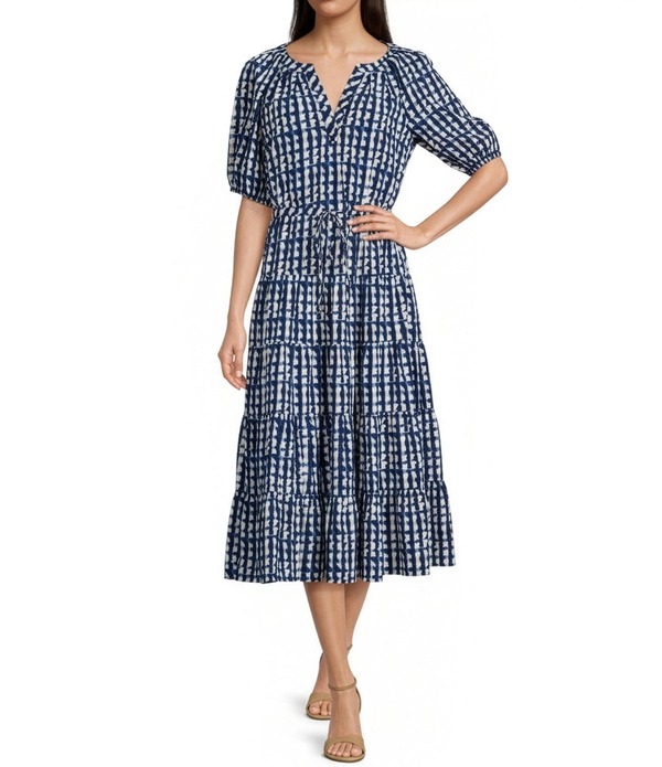 カルバンクライン レディース トップス ワンピース Vネック ティアード ギンガムチェック プリント ギンガム Calvin Klein Gingham Print Spilt V-Neck Short Puff Sleeve Tieredress Indigo インディゴ 29,770円