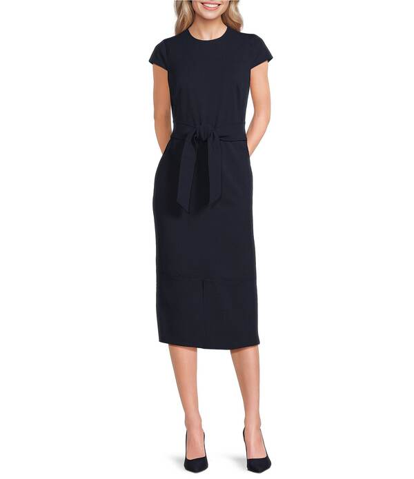 カルバンクライン レディース トップス ワンピース クレープ スキューバ ノースリーブ Calvin Klein Scuba Crepe Round Neck Sleeveless Belted Sheath Dress Indigo インディゴ