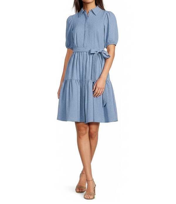 カルバンクライン レディース トップス 衣装 プルオーバー Calvin Klein Textured Tencel Collared Neck Short Puff Sleeve Belted Shirt Dress Bayou ワンピース-レディースファッション