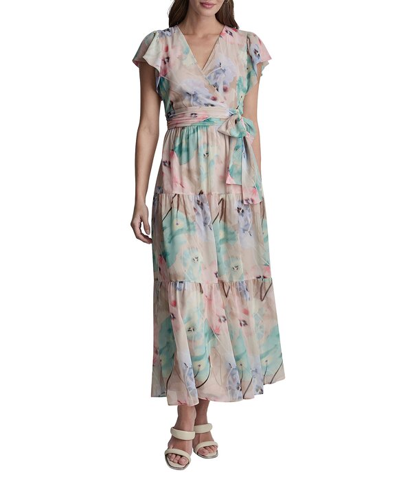 ダナキャラン レディース トップス ワンピース Vネック ティアード シフォン フラワー柄 マキシ フラワー DKNY by Donna Karan Chiffon Floral Tiered V-Neck Short Flutter Sleeve Maxi Dress Moonlight Multi マルチカラー