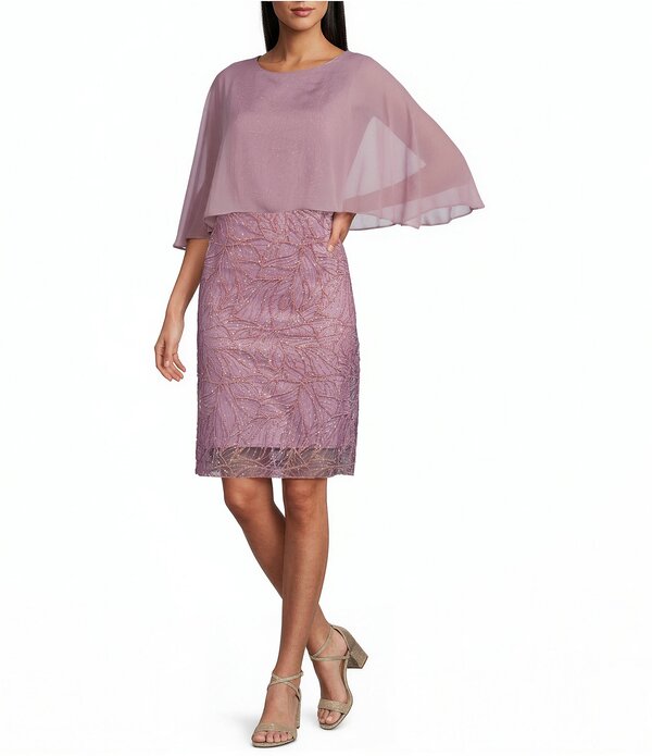 アールアンドエムリチャーズ レディース トップス ワンピース シフォン メッシュ オーバーレイ キャップ R & M Richards Glitter Mesh Chiffon Caplet Overlay Round Neck 3/4 Sleeve Dress Orchid
