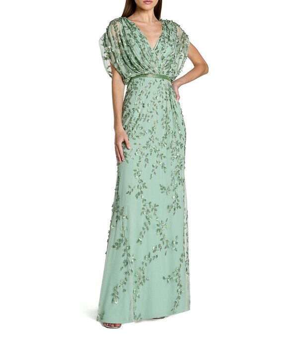 マックダガル レディース トップス ワンピース Vネック メッシュ Mac Duggal Mesh V-Neck Short Sleeve Beaded Blouson Gown Seafoam