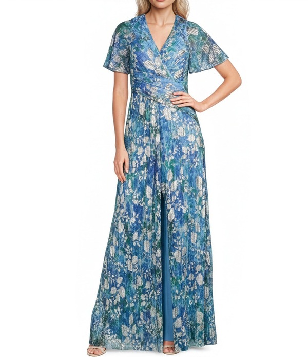 アドリアナ パペル レディース トップス ワンピース Vネック フラワー柄 プリント フラワー Adrianna Papell Foiled Floral Print Surplice V-Neck Short Flutter Sleeve Gown Blue Multi ブルー 43,680円