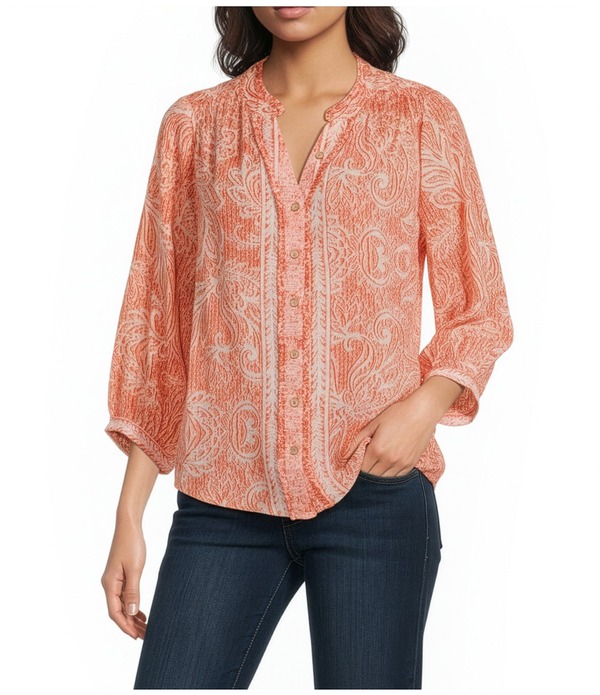 デモクラシー レディース トップス シャツ Vネック フラワー柄 プチ 刺繍 ブラウス フラワー Democracy Petite Size Woven Embroidered Floral Split V-Neck 3/4 Sleeve Button Front Blouse Vintage Coral/Papaya コーラル