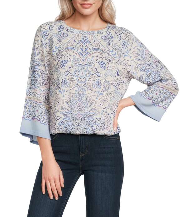 デモクラシー レディース トップス シャツ フラワー柄 フラワー Democracy Paisley Floral Boat Neck 3/4 Kimono Sleeve Bubble Hem Toprovence Blue Multi ブルー