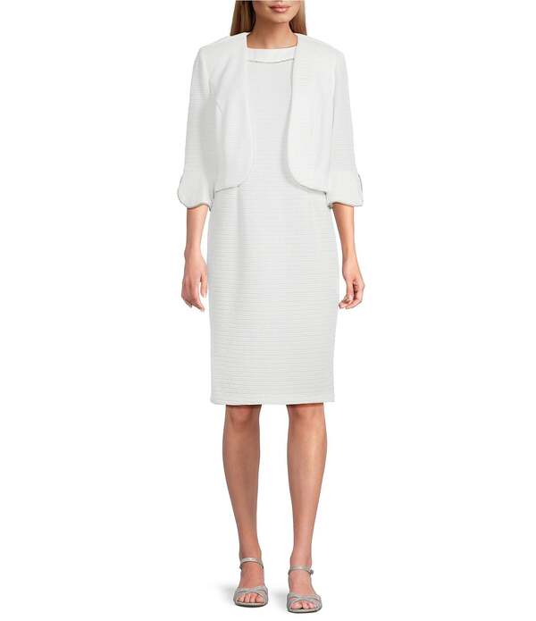 ルボ レディース トップス 衣装 上衣 Le Bos Round Neck 3/4 Sleeve Rhinestone Trim Textured 2-Piece Jacket Dress White 白いこと レディースファッション-ワンピース