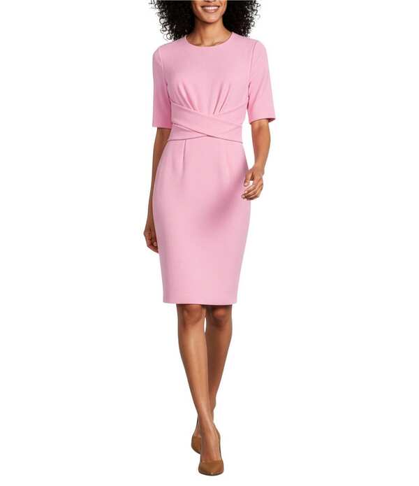 アンクライン レディース トップス ワンピース ミディ Anne Klein Wrapped Bodice Scoop Neck Short Sleeve Sheath Midi Dress Carnation Pink ピンク