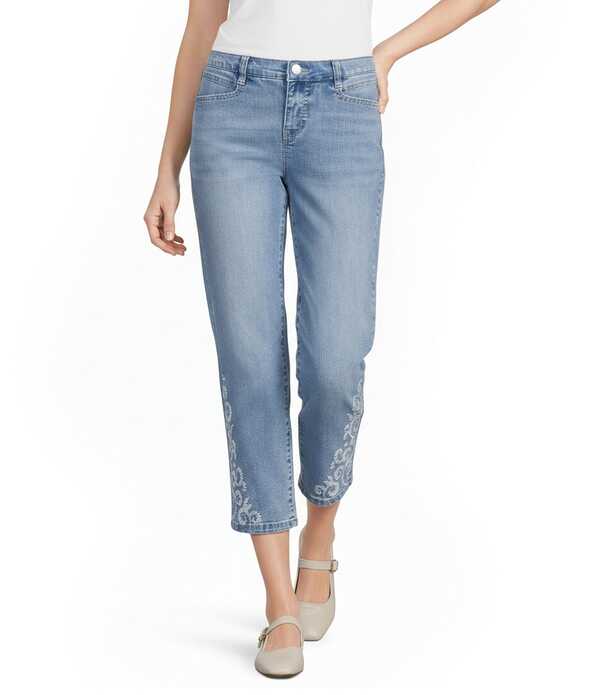 吊りひも 青色 レディース ボトムス ジーンズズボン下 プチェルシー 刺しゅう 鳥打ち帽 デニム Code Bleu Petite Size Chelsea Embroidered High-Rise Slim Capri Jeans Riviera Wash ボトムス-レディースファッション