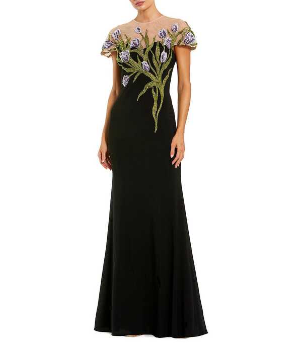 マックダガル レディース トップス 衣裳 お花柄 プチ 刺しゅう ティーシャツ お花 Mac Duggal Petite Size Illusioneck Floral Embroidered Jersey Gown Black Multi 黒いこと レディースファッション-ワンピース