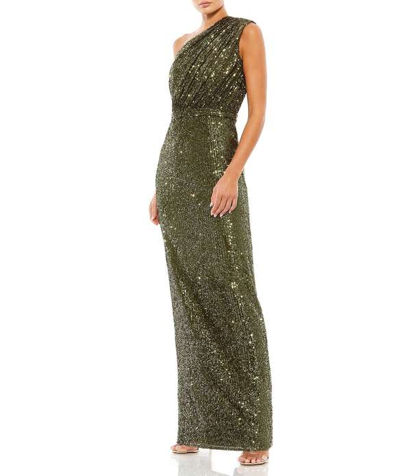 マックダガル レディース トップス 衣装 プチ ギャザー スパンコール Mac Duggal Petite Size Ruched One Shoulder Sequined Column Gown Olive オリーブ
