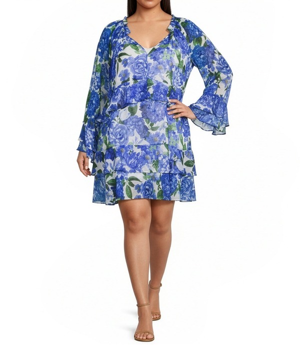 ケンジー レディース トップス ワンピース シフォン A ライン フラワー柄 プラスサイズ プリント フリル ミニ フラワー Kensie Plus Chiffon Floral Print Ruffle Long Sleeve A-Line Mini Dress White Multi ホワイト