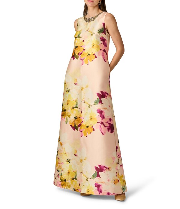 アイダンマットックス レディース トップス ワンピース フラワー柄 プリント ノースリーブ フラワー Aidan Mattox Mikado Floral Print Beaded Neck Sleevelessheath Gown Gold Multi ゴールド｜ReVida 店