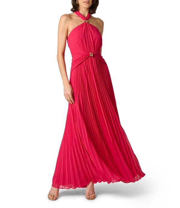 アイダンマットックス レディース トップス 衣装 シフォン 筋目 ノースリーブ マキシ ホルター Aidan Mattox Pleated Chiffon Halter Neck Sleeveless Hardware Maxi Dress Pink Cherry サクラ色