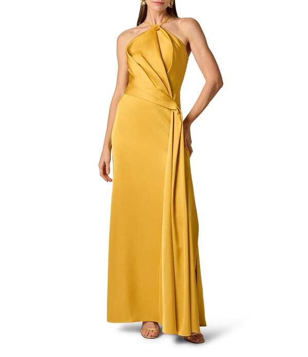 アイダンマットックス レディース トップス 衣装 筋目 繻子 ホルター Aidan Mattox Satin Halter Hardware Neckline Pleated Bodice Sheath Dress Golden Rod