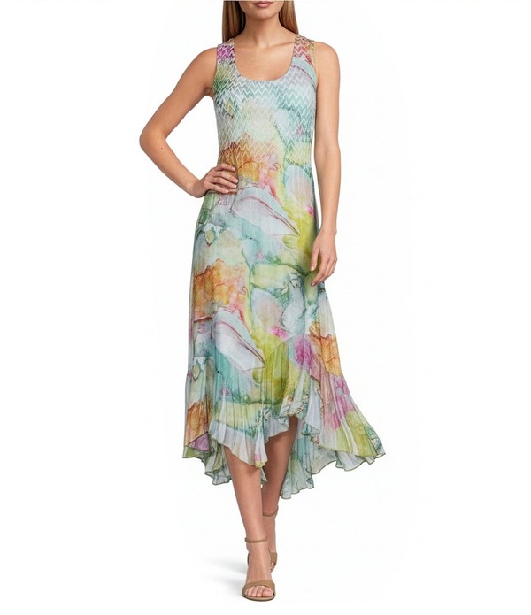 コマロフ レディース トップス ワンピース シフォン プリント ミディ Komarov Chiffon Printed Scoop Neck Accordion Pleating Cascading Hemidi Dress Mystic tides