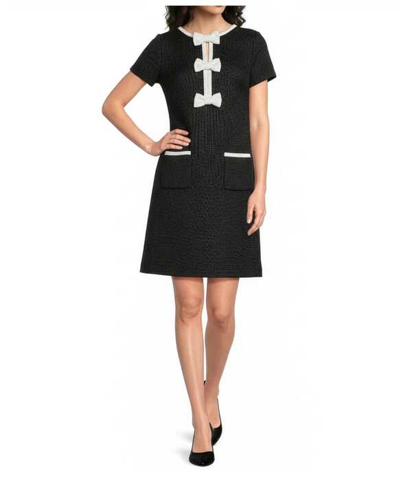 カール ラガーフェルド レディース トップス ワンピース ミニ ツイード コントラスト KARLAGERFELD PARIS Faux Tweed Contrastrim Front Bow Detail Mini Dress Black/Soft White ホワイト｜ReVida 店