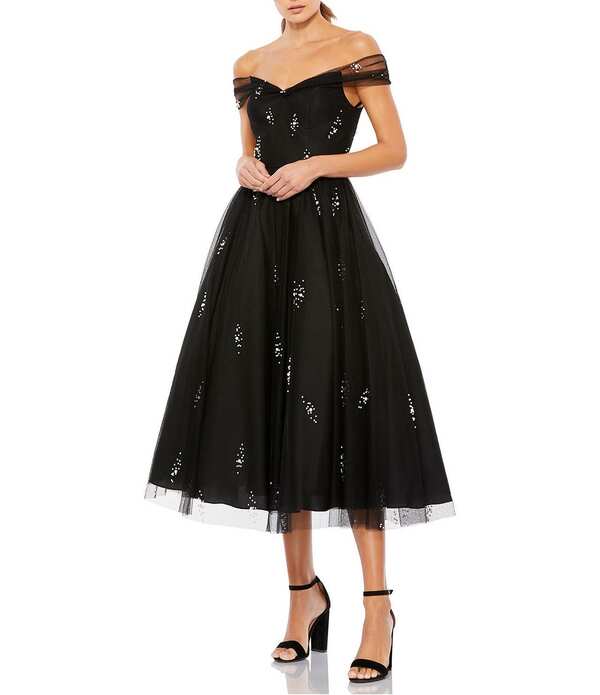 マックダガル レディース トップス 衣装 A 伝達ルート プチ Mac Duggal Petite Pearl Embellished Off-The-Shoulder A-Line Dress Black 黒いこと