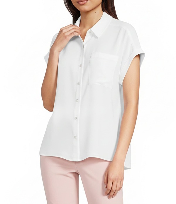 カルバンクライン レディース トップス シャツ ジョーゼット ブラウス Calvin Klein Georgette Point Collar Short Sleeve Button Front Blouse White ホワイト