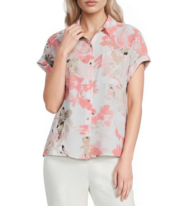 カルバンクライン レディース トップス シャツ ジョーゼット ブラウス Calvin Klein Georgette Point Collar Short Sleeve Button Front Blouse Petalatte