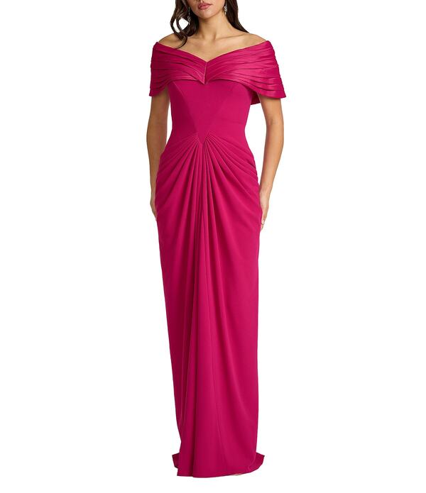 タダシショージ レディース トップス ワンピース クレープリーツ Tadashi Shoji Off-the-Shoulder Pleated Crepe Sheath Gown Hibiscus|ReVida 店