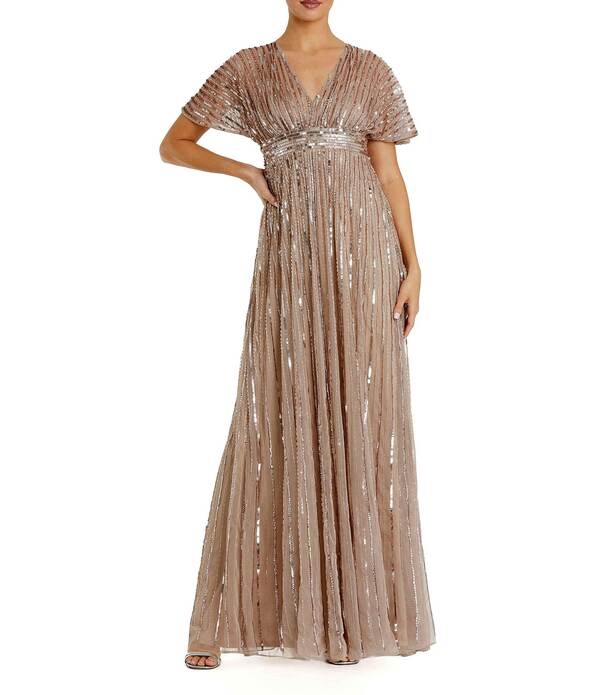 マックダガル レディース トップス ワンピース Vネック メッシュ Mac Duggal Embellished Mesh V-Neck Short Sleeve Gown Taupe トープ