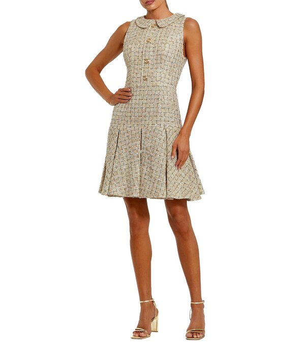 マックダガル レディース トップス 衣装 筋目 ミニ ノースリーブ Mac Duggal Sleeveless Button Up Boucle Pleated Mini Dress Gold Multi ゴールド