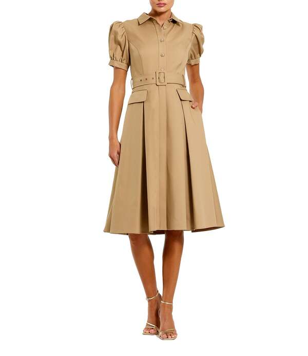 マックダガル レディース トップス 衣装 MIDI Mac Duggal Puff Sleeve Twill Button Up Midi Dress With Beltaupe トープ