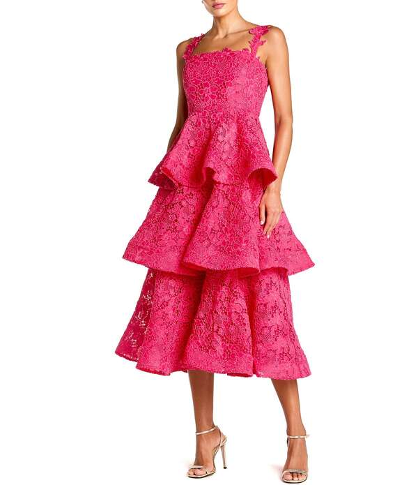 マックダガル レディース トップス ワンピース ティアード フリル ミディ ノースリーブ レース Mac Duggalace Sleevelessquare Neck Ruffle Tiered Midi Dress Hot Pink ピンク