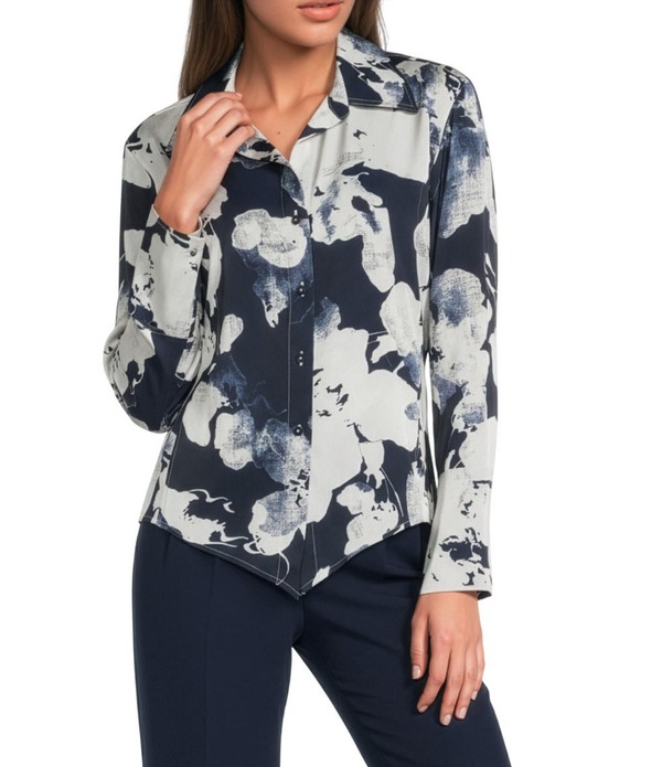 ダナキャラン レディース トップス シャツ アシンメトリー フラワー柄 ブラウス フラワー Donna Karan Floral Point Collar Long Sleeve Asymmetric Hem Blouse Nightfall Multi マルチカラー