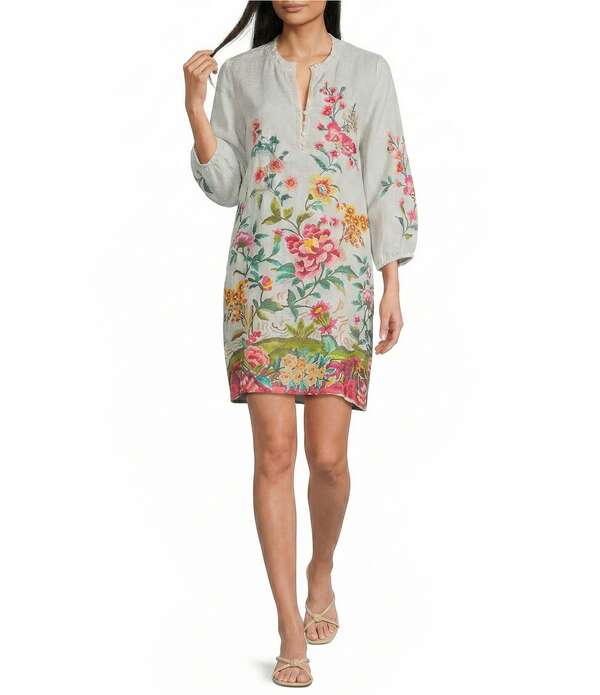 ジョニーワズ レディース トップス ワンピース Vネック フラワー柄 プリント リネン フラワー JOHNNY WASs Linen Floral Print Split V-Neck Bishop Long Sleeve Shift Dress Ecru Miraze エクリュ
